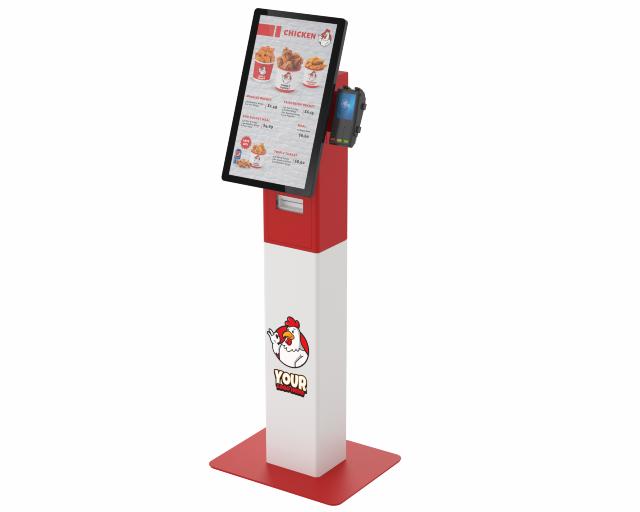 Rendered example of a custom branded kiosk product with custom colour options and decal